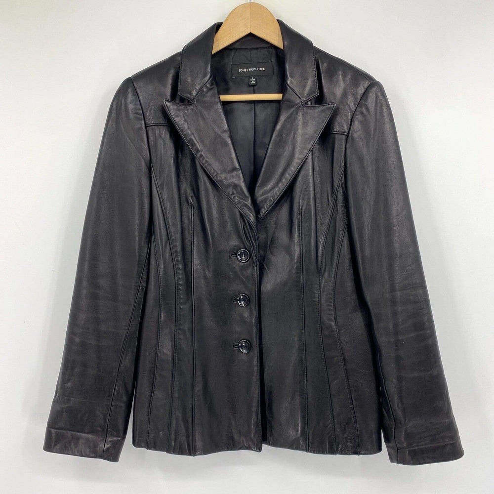 Jones New York 3-Button Leather Jacket Black Sz L